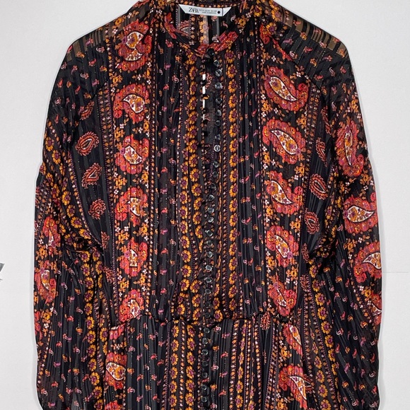 Zara Size M Black/Red Mini Bohemian Drop Waist Print Dress 8809/077 - Picture 3 of 8